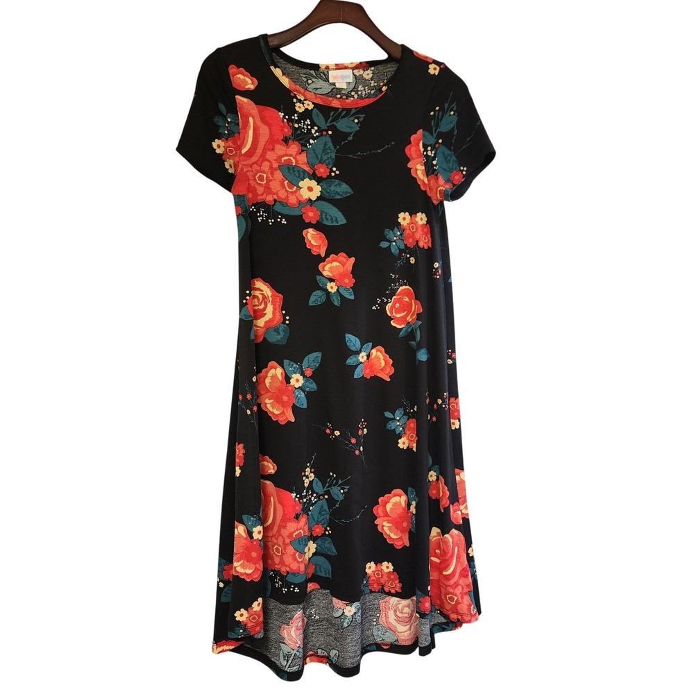 LuLaRoe Carly Dress XXS Black Floral Rose High Low Short Sleeve Swing Dress